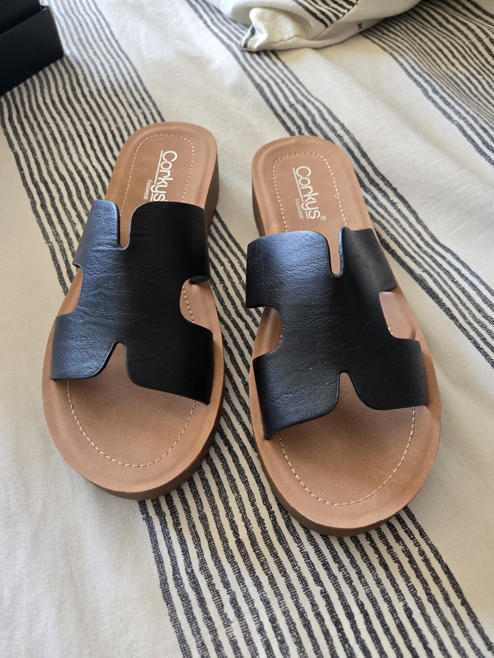 Corkys Black Slide Sandals with Tan Footbed